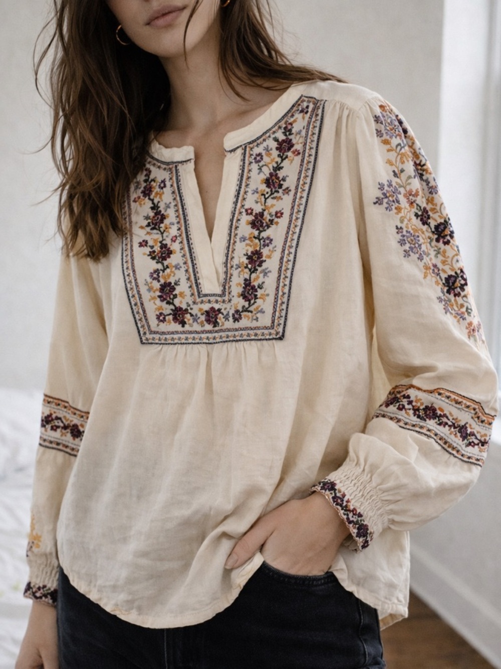 ba&sh Caloe Cream Embroidered Boho Prairie Blouse Medium Cottage Folk Peasant